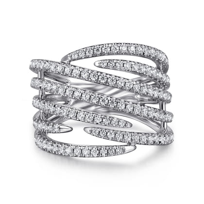 14K White Gold Multi Row Diamond Spike Wide Band Ladies Ring