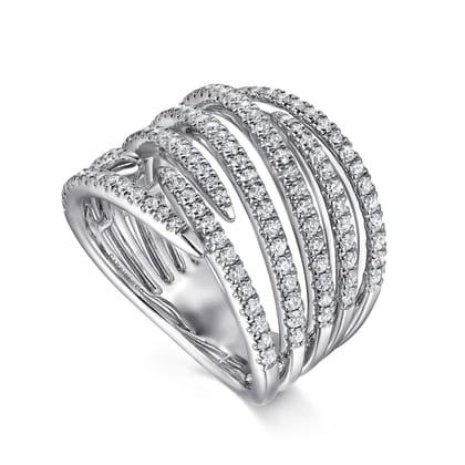 14K White Gold Multi Row Diamond Spike Wide Band Ladies Ring