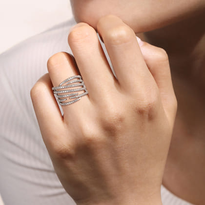 14K White Gold Multi Row Diamond Spike Wide Band Ladies Ring