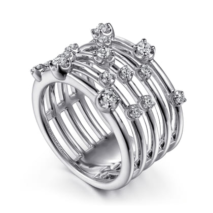 14K White Gold Multi Row Diamond Wide Band Ring