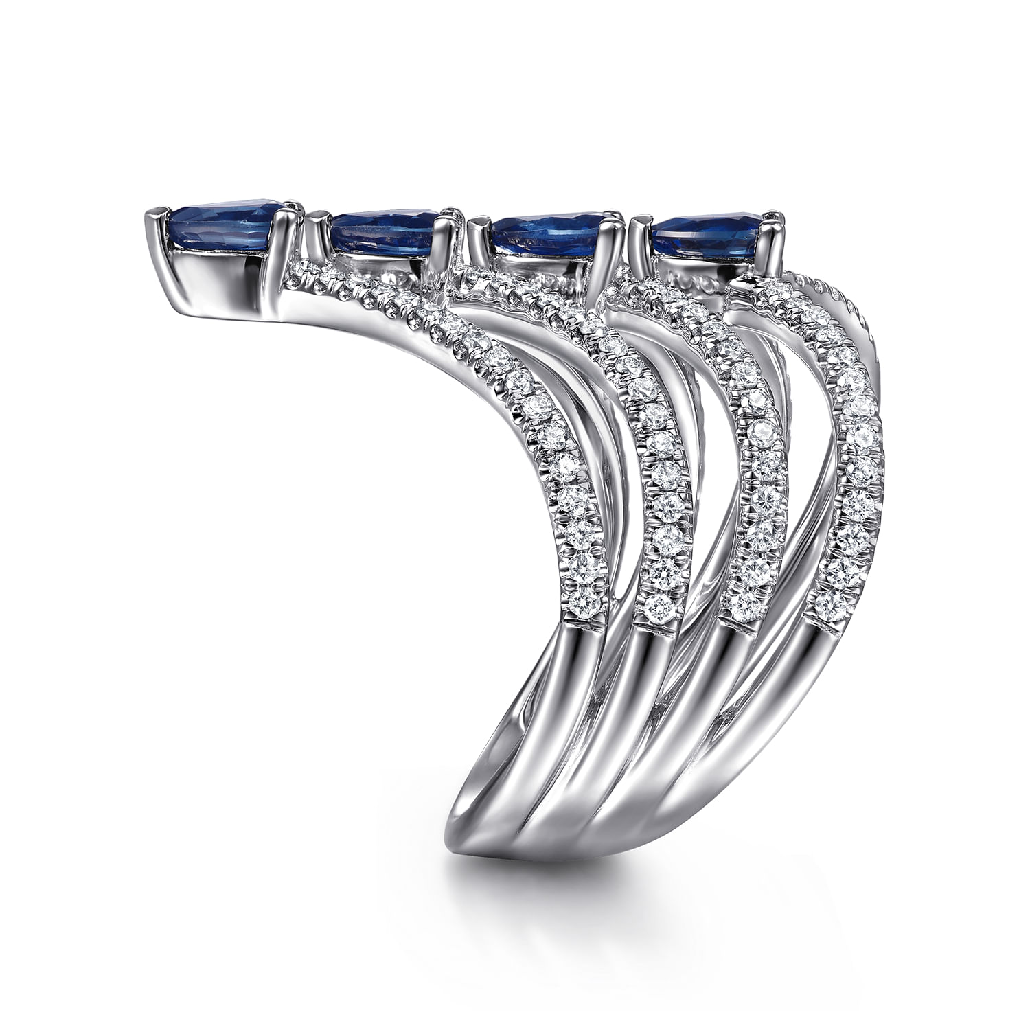 14K White Gold Multi Row Diamond and Sapphire Chevron Ring