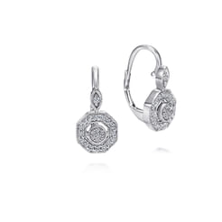 14K White Gold Octagon Diamond Drop Leverback Earrings