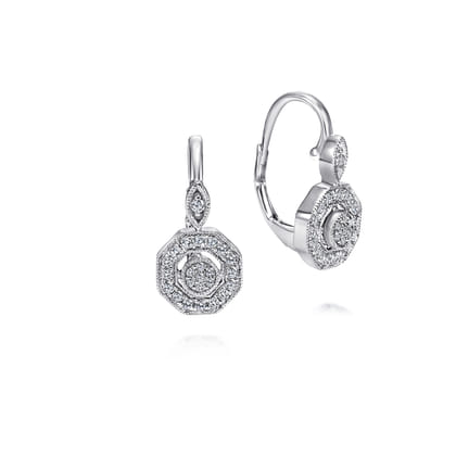 14K White Gold Octagon Diamond Drop Leverback Earrings