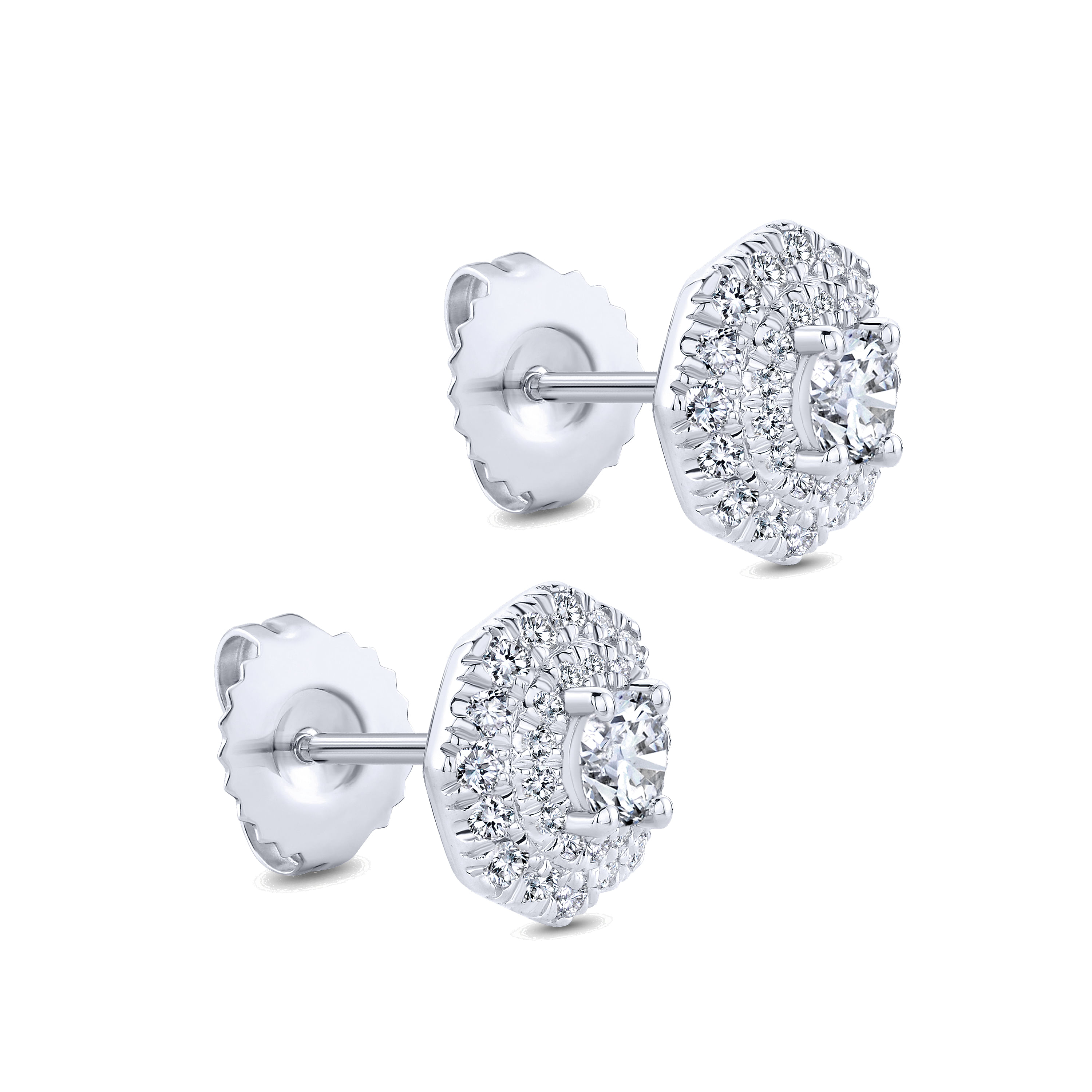 14K White Gold Octagonal Double Halo Diamond Stud Earrings - 0.8 ct - Shot 2
