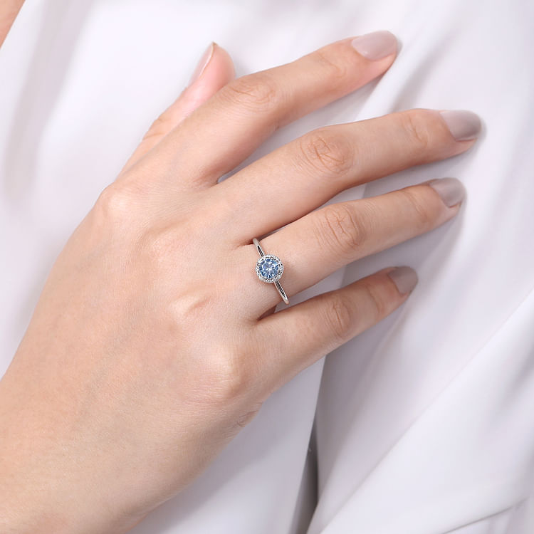 14K White Gold Octagonal Halo Aquamarine and Diamond Ring