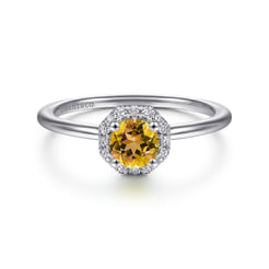 14K White Gold Octagonal Halo Citrine and Diamond Ring