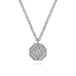 14K White Gold Octagonal Pavé Diamond Pendant Necklace