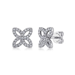 14K White Gold Open Clover Pave Diamond Stud Earrings
