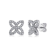 14K White Gold Open Clover Pave Diamond Stud Earrings