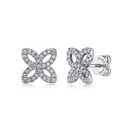 14K White Gold Open Clover Pave Diamond Stud Earrings