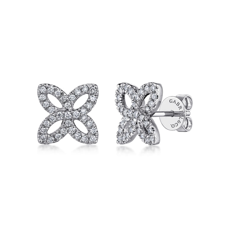 14K White Gold Open Clover Pave Diamond Stud Earrings - 0.4 ct - Shot 1