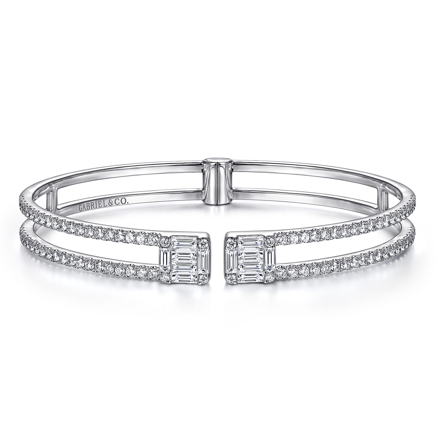 14K White Gold Open Cuff Bracelet with Baguette and Round Diamonds - 1.96 ct - Shot 1