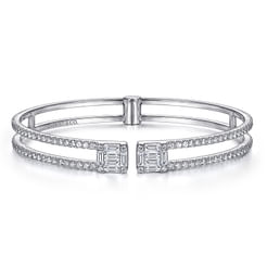 14K White Gold Open Cuff Bracelet with Baguette and Round Diamonds