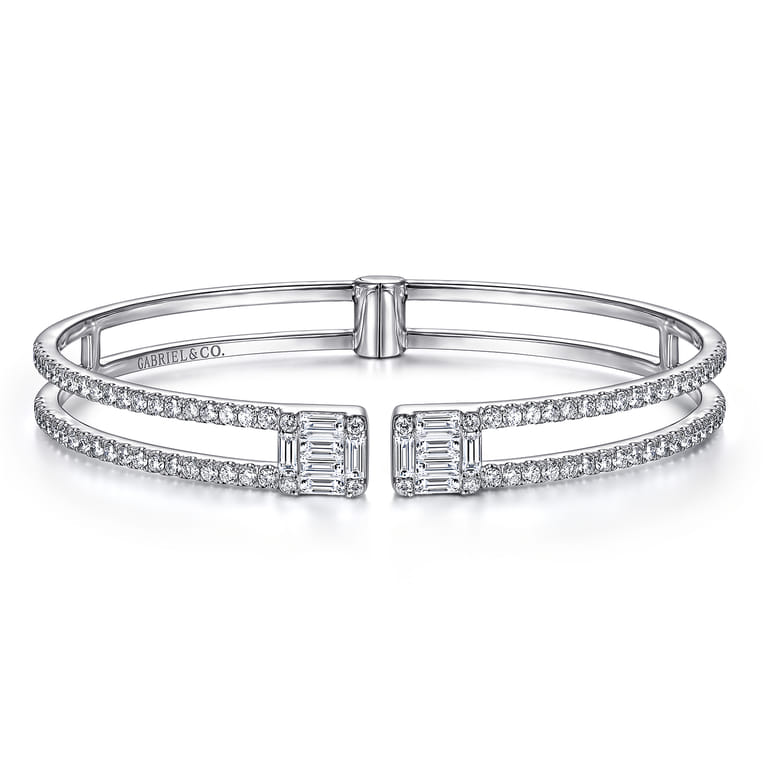 14K White Gold Open Cuff Bracelet with Baguette and Round Diamonds - 1.96 ct - Shot 1