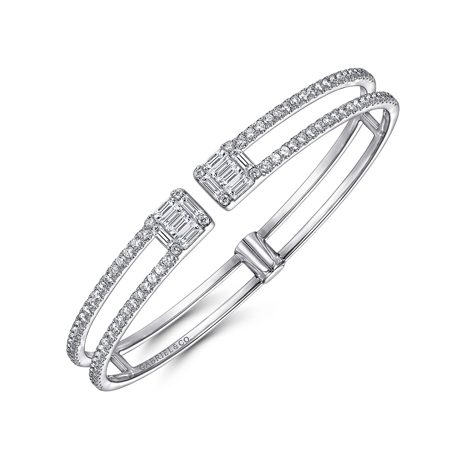 14K White Gold Open Cuff Bracelet with Baguette and Round Diamonds - 1.96 ct - Shot 2