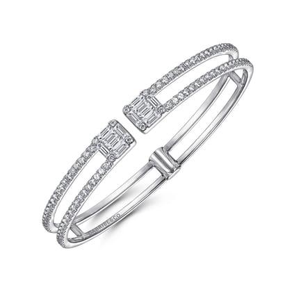 14K White Gold Open Cuff Bracelet with Baguette and Round Diamonds