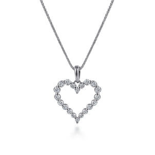 14K White Gold Open Heart Diamond Pendant Necklace