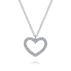 14K White Gold Open Heart Diamond Pendant Necklace
