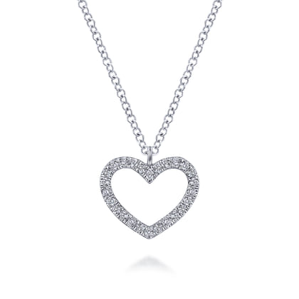 14K White Gold Open Heart Diamond Pendant Necklace