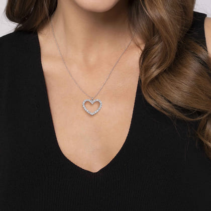 14K White Gold Open Heart Diamond Pendant Necklace
