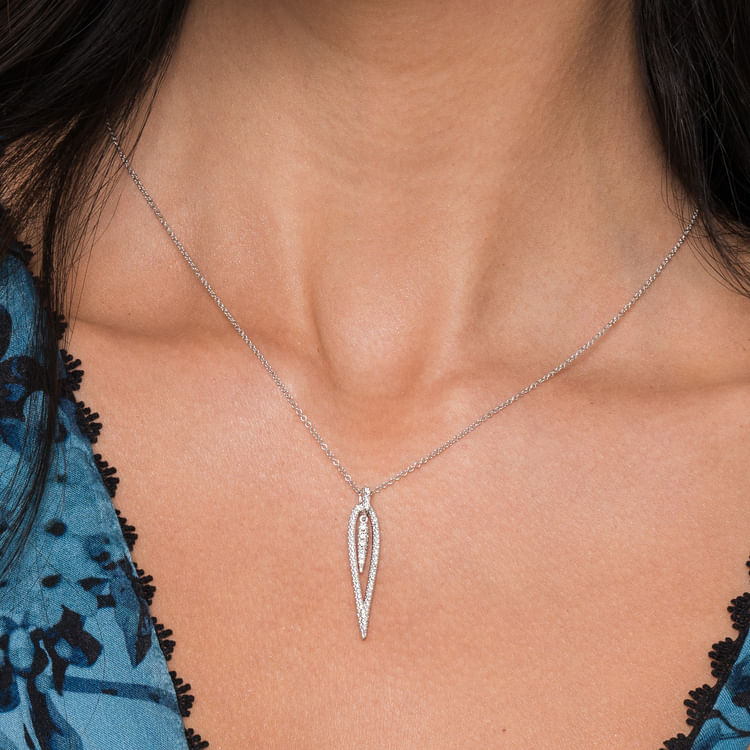 14K White Gold Open Teardrop Diamond Pendant Necklace