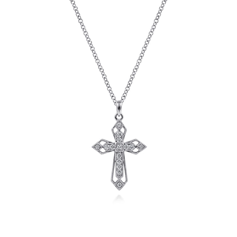 14K White Gold Openwork Diamond Cross Necklace - 0.1 ct - Shot 1