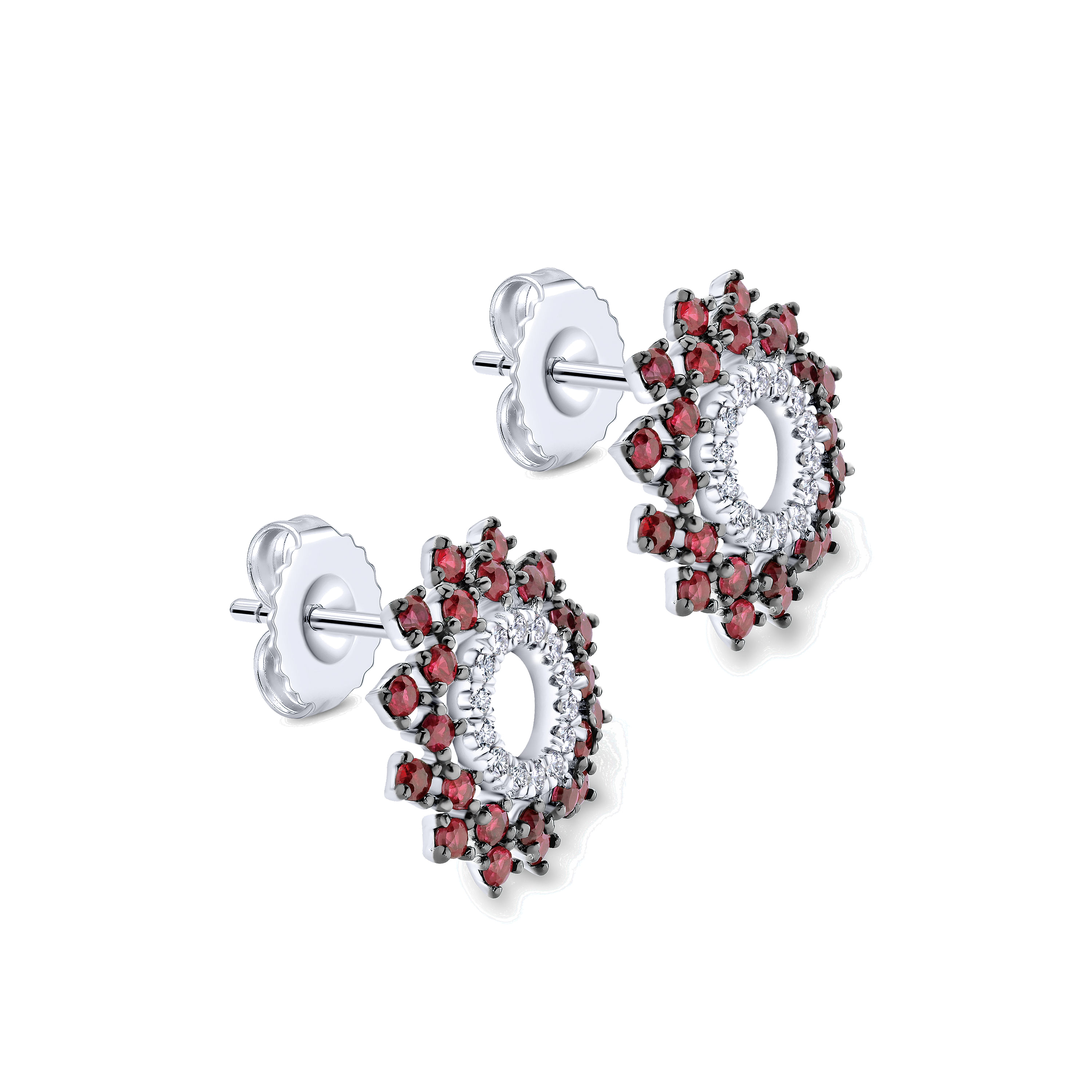 14K White Gold Openwork Diamond and Ruby Stud Earrings