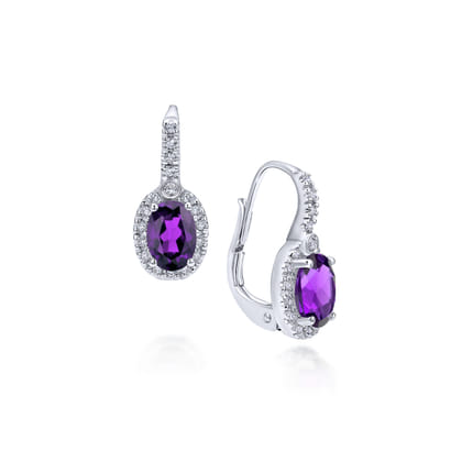 14K White Gold Oval Amethyst and Diamond Halo Drop Earrings