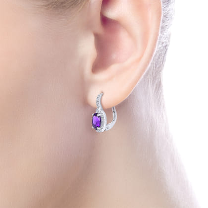 14K White Gold Oval Amethyst and Diamond Halo Drop Earrings