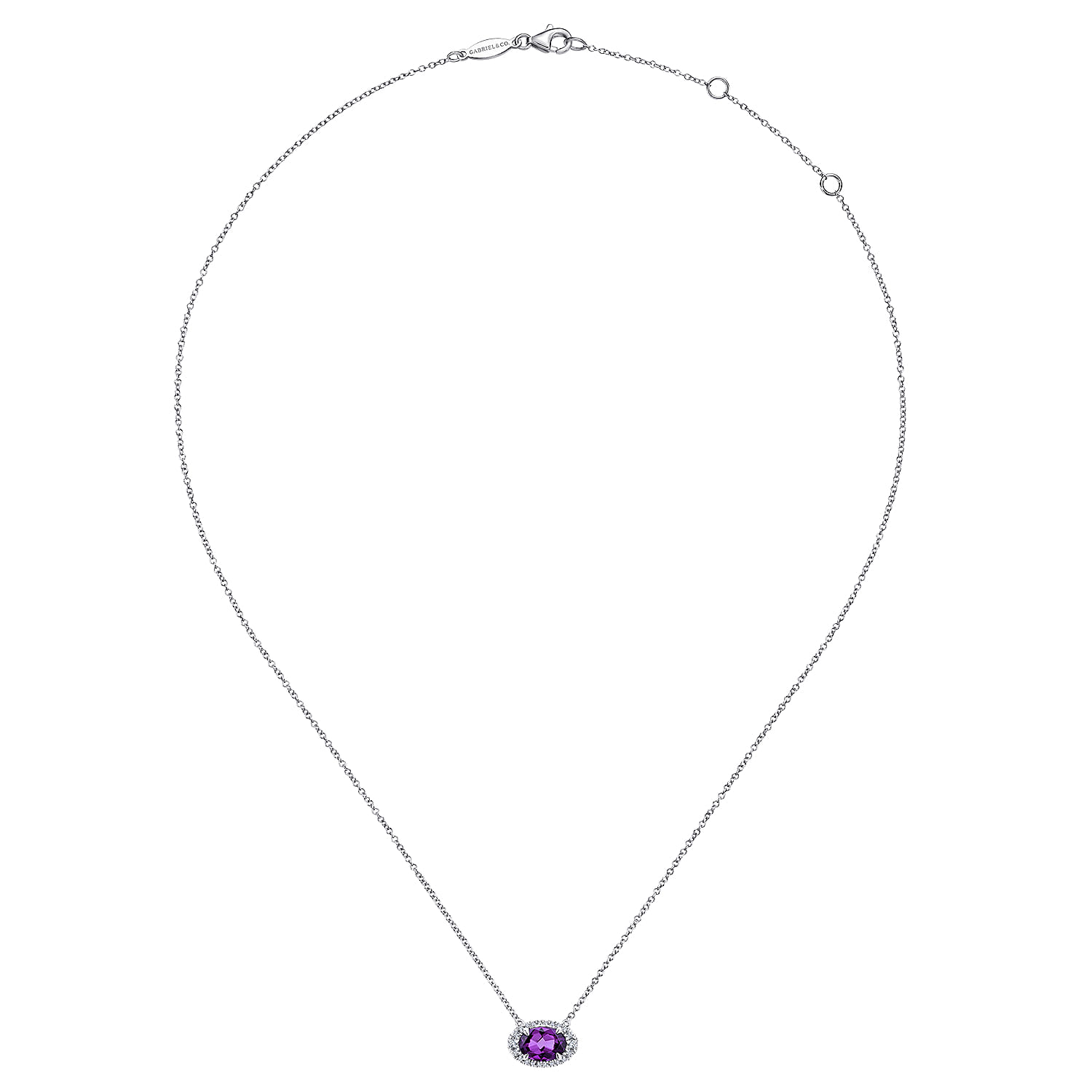 14K White Gold Oval Amethyst and Diamond Halo Pendant Necklace