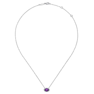 14K White Gold Oval Amethyst and Diamond Halo Pendant Necklace