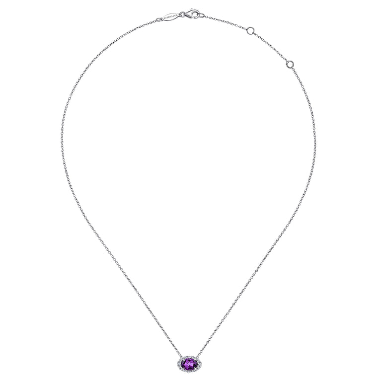 14K White Gold Oval Amethyst and Diamond Halo Pendant Necklace - 0.14 ct - Shot 2