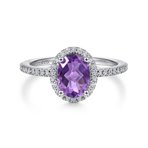 14K White Gold Oval Amethyst and Diamond Halo Ring