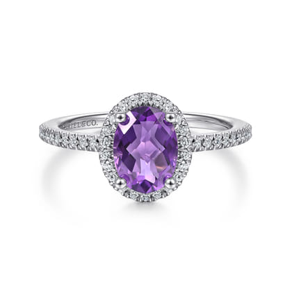 14K White Gold Oval Amethyst and Diamond Halo Ring