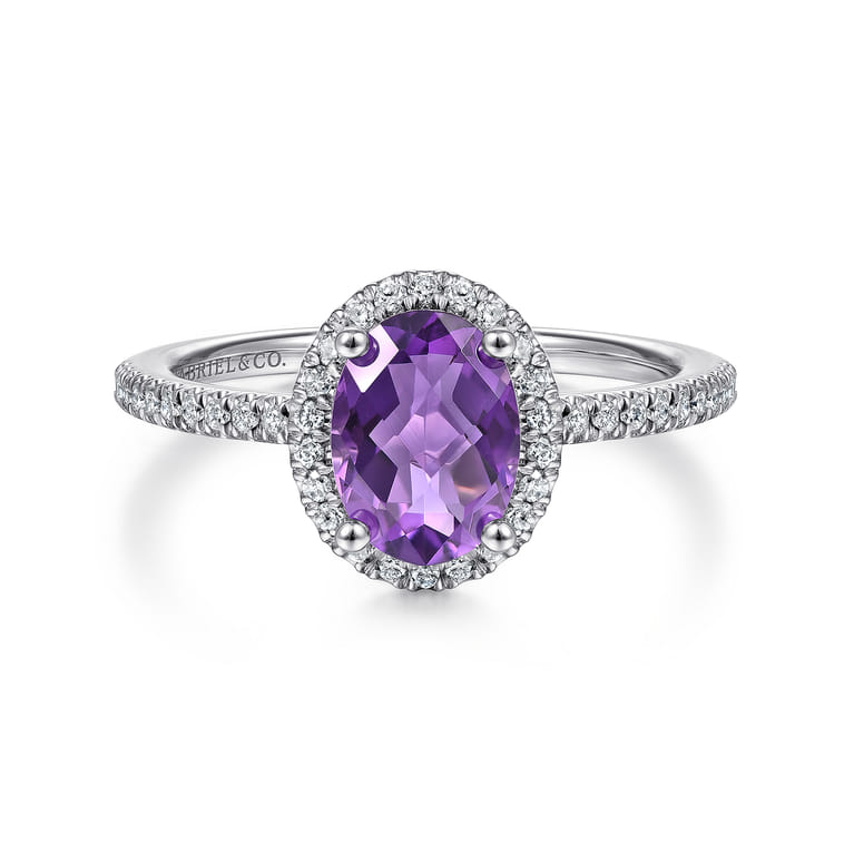 14K White Gold Oval Amethyst and Diamond Halo Ring - 0.22 ct - Shot 1
