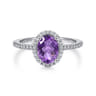 14K White Gold Oval Amethyst and Diamond Halo Ring - 0.22 ct