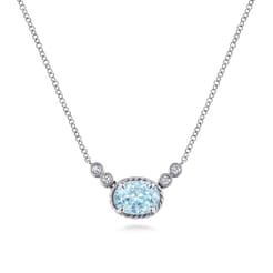 14K White Gold Oval Aquamarine Pendant Necklace with Diamond Accents