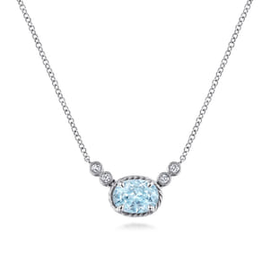 14K White Gold Oval Aquamarine Pendant Necklace with Diamond Accents