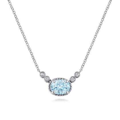 14K White Gold Oval Aquamarine Pendant Necklace with Diamond Accents