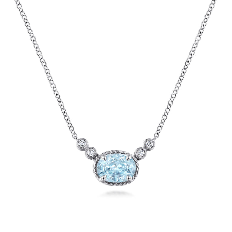 14K White Gold Oval Aquamarine Pendant Necklace with Diamond Accents - 0.06 ct - Shot 1
