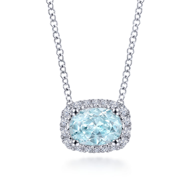 14K White Gold Oval Aquamarine and Diamond Halo Pendant Necklace - 0.15 ct - Shot 1