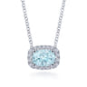 14K White Gold Oval Aquamarine and Diamond Halo Pendant Necklace - 0.15 ct