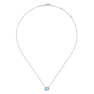 14K White Gold Oval Aquamarine and Diamond Halo Pendant Necklace