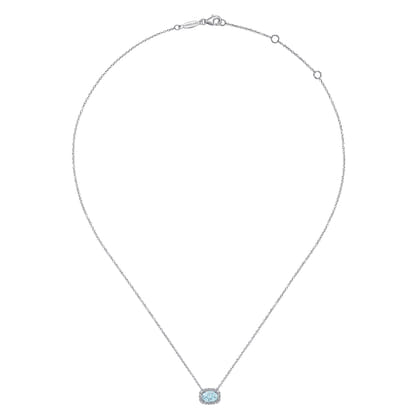 14K White Gold Oval Aquamarine and Diamond Halo Pendant Necklace