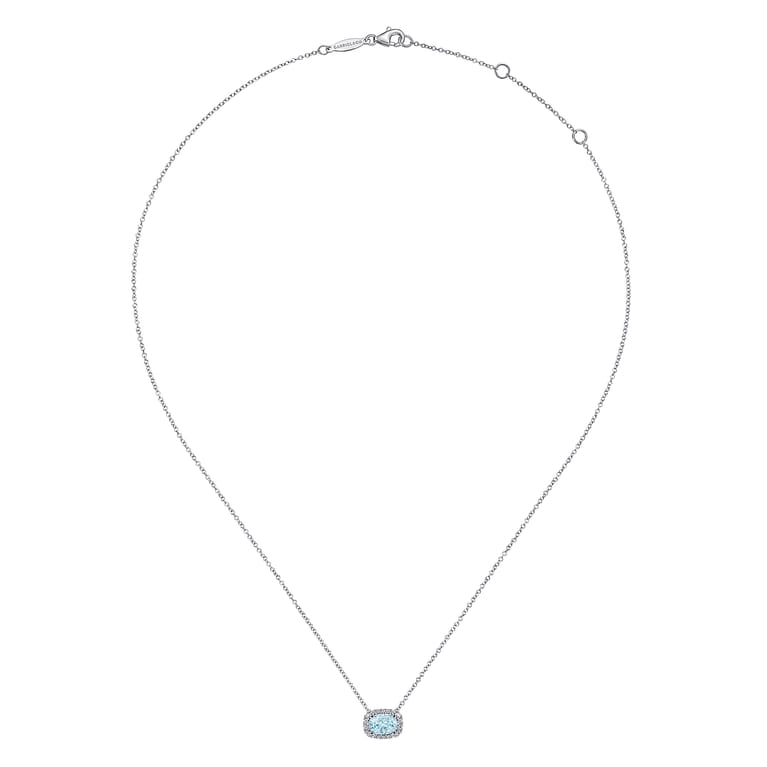 14K White Gold Oval Aquamarine and Diamond Halo Pendant Necklace - 0.15 ct - Shot 2