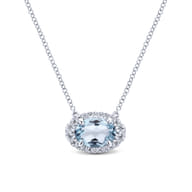 14K White Gold Oval Aquamarine and Diamond Halo Pendant Necklace