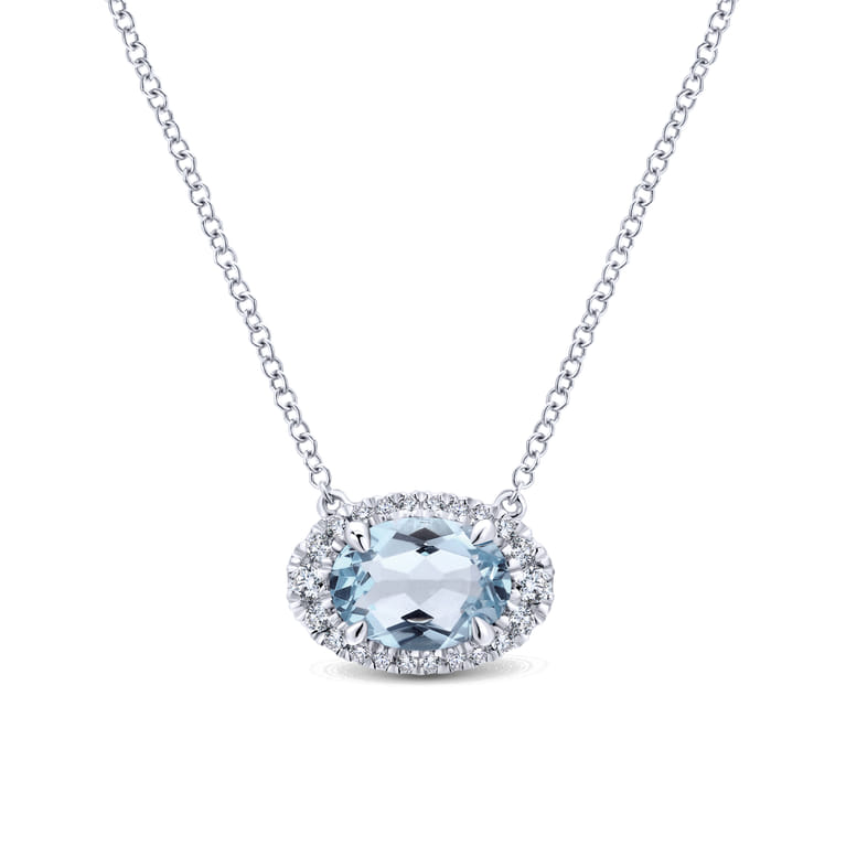 14K White Gold Oval Aquamarine and Diamond Halo Pendant Necklace - 0.14 ct - Shot 1