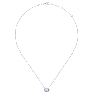14K White Gold Oval Aquamarine and Diamond Halo Pendant Necklace