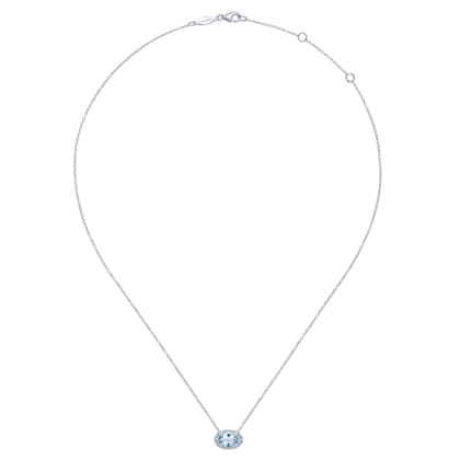 14K White Gold Oval Aquamarine and Diamond Halo Pendant Necklace