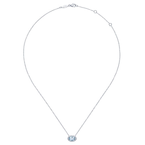 14K White Gold Oval Aquamarine and Diamond Halo Pendant Necklace - 0.14 ct - Shot 2